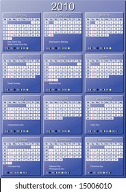 Calendar 2010. Start of week Sunday, with week numbers, major US holidays and moon phases. CMYK colors. Fitting and well legible on A4 paper.