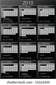 Calendar 2010. Start of week Sunday, with week numbers, major US holidays and moon phases. CMYK colors. Fitting and well legible on A4 paper.