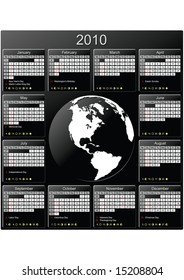Calendar 2010. Start of week Sunday, with week numbers, major US holidays and moon phases, with space for logo in the center. CMYK colors.