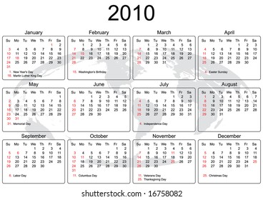 Calendar 2010. Start of week Sunday, with major US holidays and world map background, centered on america. CMYK colors.  Fitting and well legible on A4 paper.