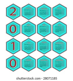 Calendar for 2010 of turguoise color in the form of beer cells