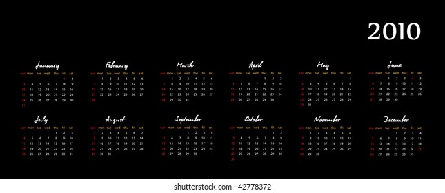 Calendario 2010. Año del Tigre. Vector. Diseño de computadoras.