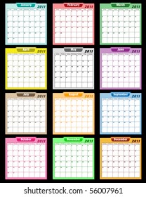 Calendar 2011 in assorted colors with large date boxes. Each month a different color. Raster also available.