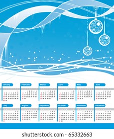 Calendario 2011. Fondo de onda azul con bolas de navidad
