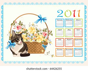 calendar 2011 with cat  and roses