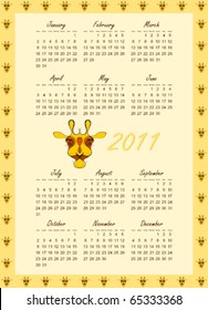 Calendar for 2011 with cheerful yellow giraffe and border