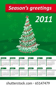 Calendar 2011 with green background and red "Season's greetings" ribbon