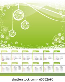 Calendar 2011. Green wave background with christmas balls