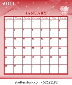 Calendar 2011 January month with large date boxes. Cartoon characters and patterned background. January to December months plus raster also available.
