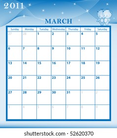 Calendar 2011 March month with large date boxes. Cartoon characters and patterned background. January to December months plus raster also available.