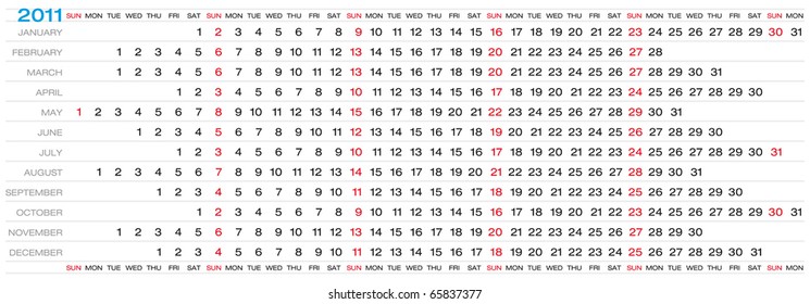 Calendar for 2011. Numbers within a grid. Horizontal design.