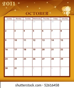 Calendar 2011 October month with large date boxes. Cartoon characters and patterned background. January to December months plus raster also available.