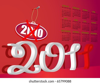 calendar 2011 red vector illustration day weekdays month.