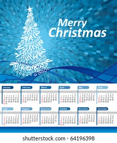 Kalender 2011 mit glänzendem Hintergrund der blauen Welle, Weihnachtsbaum und fröhlichem Weihnachtstext