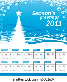 Calendar 2011. Vector shine blue background with waves, christmas tree and ice border