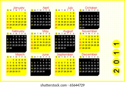 Calendar for 2011. Week starts on Sunday. Easy to edit. Space for text or logo.