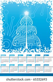 Calendar 2011 with White Christmas tree silhouette, blue background and snowflake border