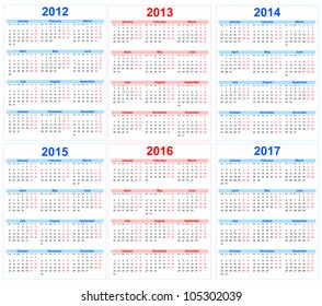 Calendar 2012, 2013, 2014, 2015, 2016, 2017