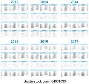 Calendar 2012, 2013, 2014, 2015, 2016, 2017