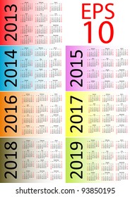 Calendar for 2012, 2013, 2014, 2015, 2016, 2017, 2018, 2019