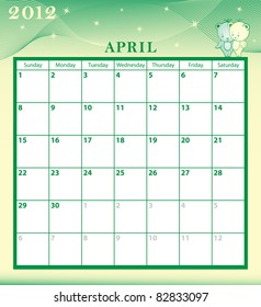 Calendar 2012 April month with large date boxes. Cartoon characters and patterned background. Raster also available.