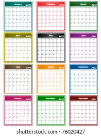 Calendar 2012 in assorted colors with large date boxes. Each month a different color. Raster also available.