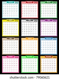 Calendar 2012 in assorted colors with large date boxes. Each month a different color. Raster also available.