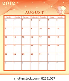 Calendar 2012 August month with large date boxes. Cartoon characters and patterned background. Raster also available.