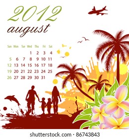 Calendar for 2012 August with Palm tree and Family Silhouettes, vector illustration