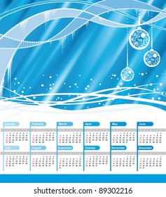 Calendário 2012. Fundo de onda azul com bolas de Natal