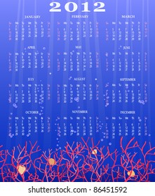 Calendar 2012 with coral in blue ocean. Vector Illustration