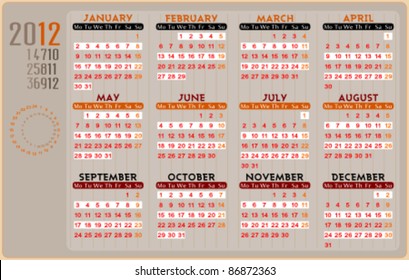 Calendar for 2012. Easy to edit. Space for text or logo. Business card (8,5 x 5,4) ratio.