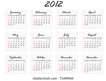 Calendar for 2012 in English; week starts with Sunday