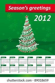 Calendar 2012 with green background and red "Season's greetings" ribbon