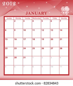 Calendar 2012 January month with large date boxes. Cartoon characters and patterned background. Raster also available.