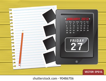 Calendar 2012 January on Fictitious touch tablet PC and paper. on yellow wood background. Vector template for design work