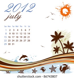 Calendar for 2012 July with Palm tree and Dolphin, vector illustration