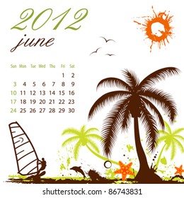 Calendar for 2012 June with Palm tree and Windsurf, vector illustration