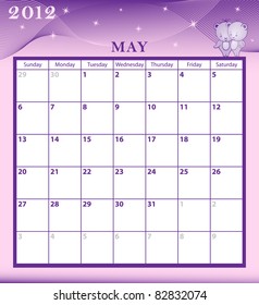 Calendar 2012 May month with large date boxes. Cartoon characters and patterned background. Raster also available.
