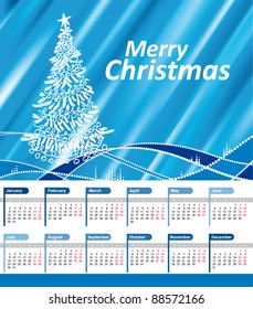 Calendario 2012, inicio de la semana del lunes. Árbol de Navidad y texto navideño