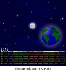 Calendar for 2012. Night sky with earth and moon. American style. Vector.