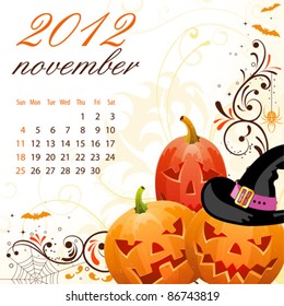 Calendar for 2012 November with Halloween elements, vector illustration