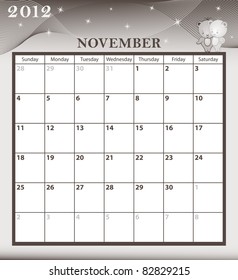 Calendar 2012 November month with large date boxes. Cartoon characters and patterned background. Raster also available.