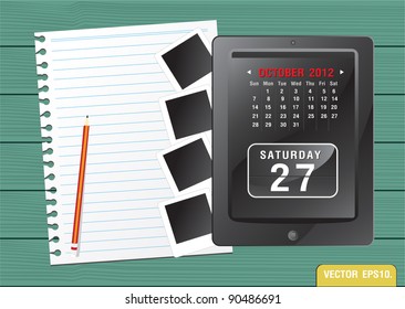 Calendar 2012 October on Fictitious touch tablet PC and paper. on old wood background. Vector template for design work