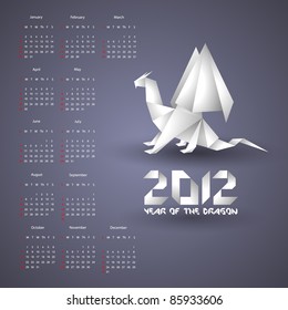 Calendar for 2012 with Origami Dragon