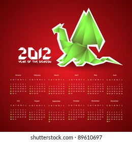 Calendar for 2012 with Origami Dragon