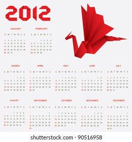 Calendar for 2012 with Origami Dragon