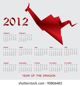 Calendar for 2012 with Origami Dragon