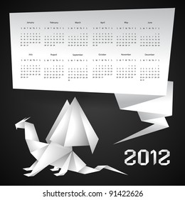 Calendar for 2012 with Origami Dragon