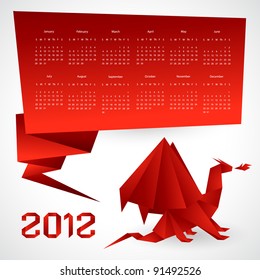 Calendar for 2012 with Origami Dragon